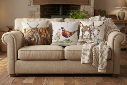 Highland Cow Pheasant Donkey Cushions Lifestyle