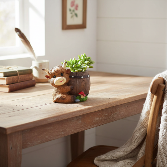 Highland Cow Planter — Desk Lifestyle
