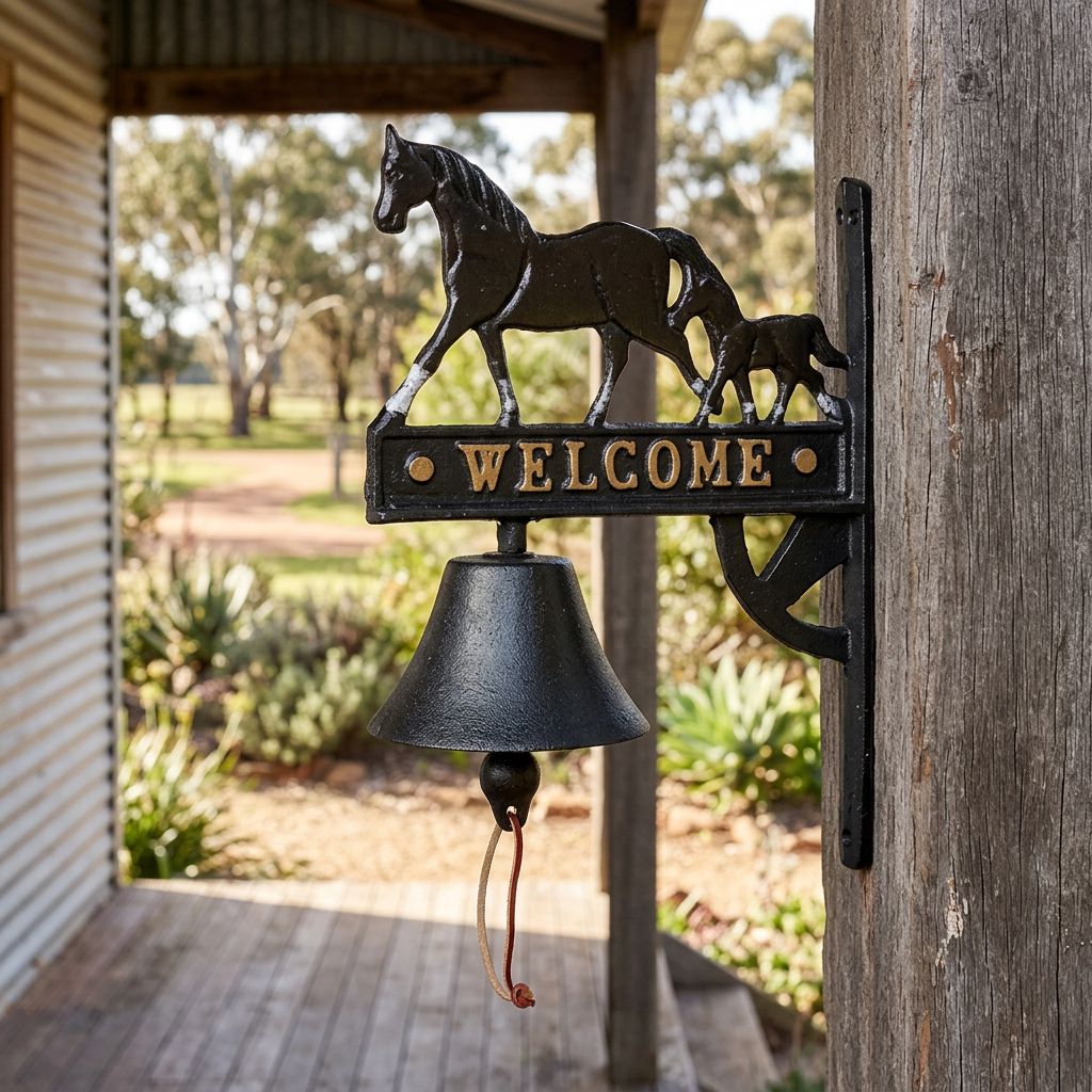 Horse and foal doorbell on a farmhouse porch post