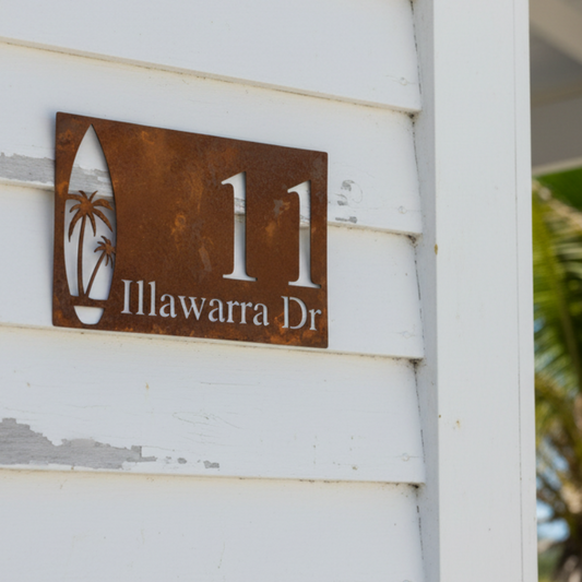 Custom Palm Tree Surfboard House Number Sign - Rusty Metal - Aussie Made