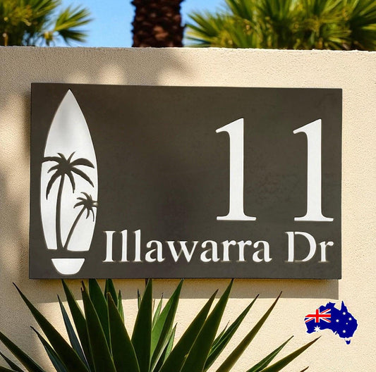 House Number Beach Surfboard Personalised Custom Cor10 Metal Steel Sign - Custom-Made House Number Sign - Corten Steel Rustic Finish