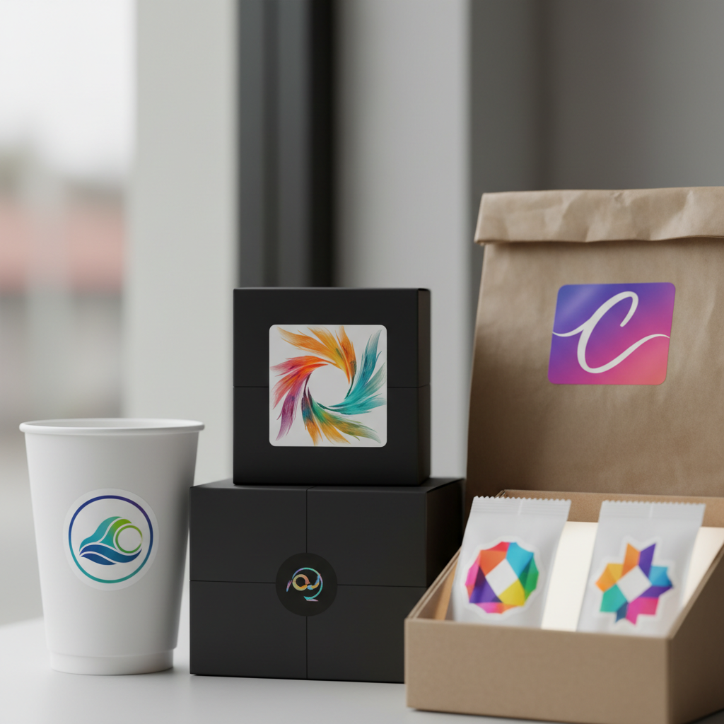 Full Colour — custom business logo stickers on cups, retail boxes, paper bags and POS packaging — promotional stickers, product branding labels and retail packaging