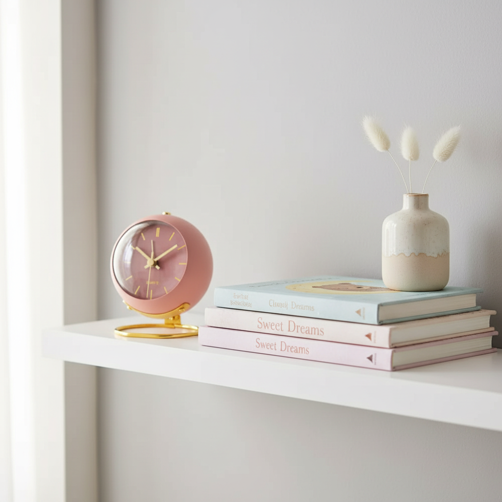 Blush Pink — globe alarm clock styled on a nursery shelf with children's books — Nordic minimalist kids bedroom clock