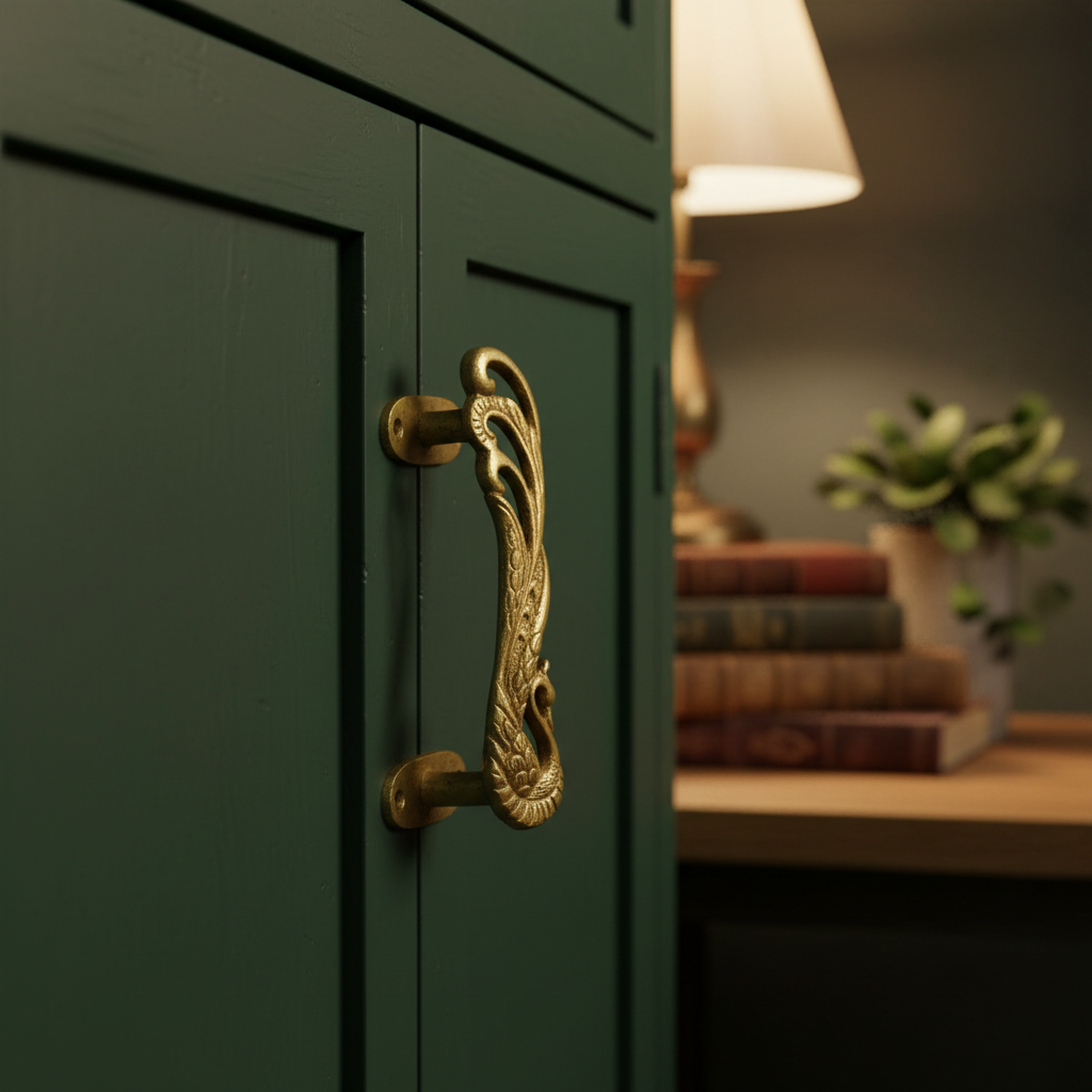 Solid Brass — peacock handle on a deep green vintage cabinet in an eclectic living room — antique brass cabinet pull