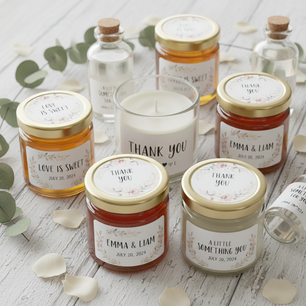 Wedding Collection — waterproof labels applied to honey jars and candles — personalised wedding stickers and thank you labels