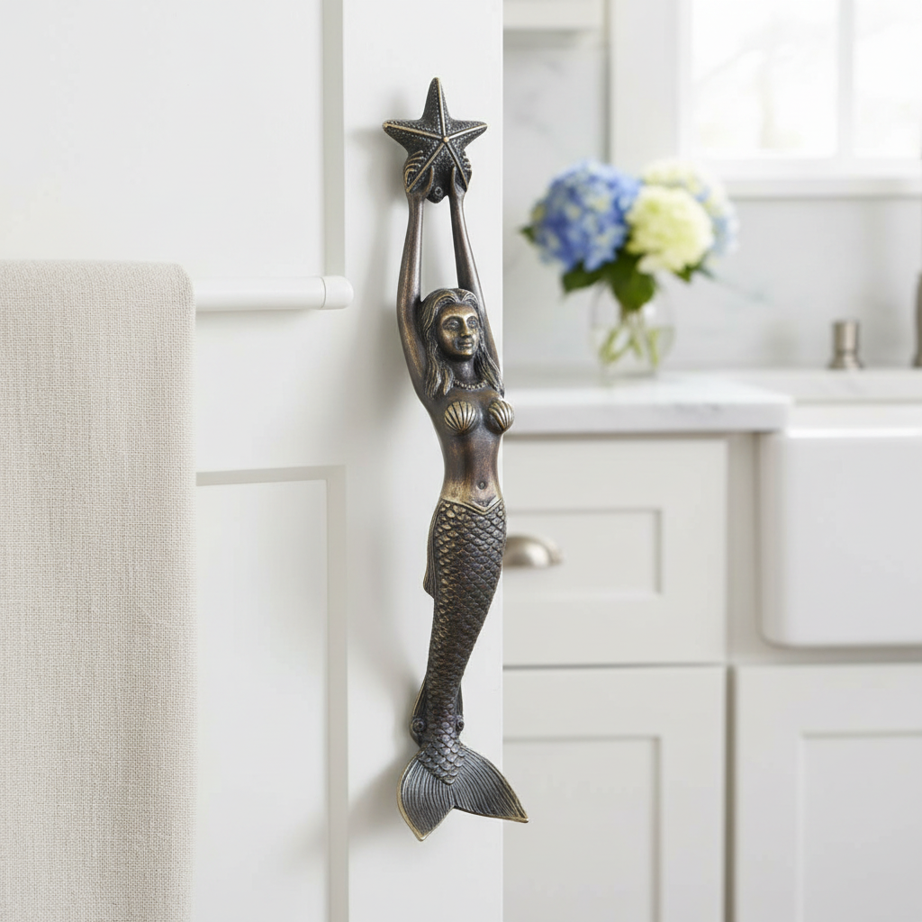 Antique Bronze — mermaid door handle fitted to a white shaker kitchen cupboard in a coastal Hamptons kitchen — nautical cabinet pull