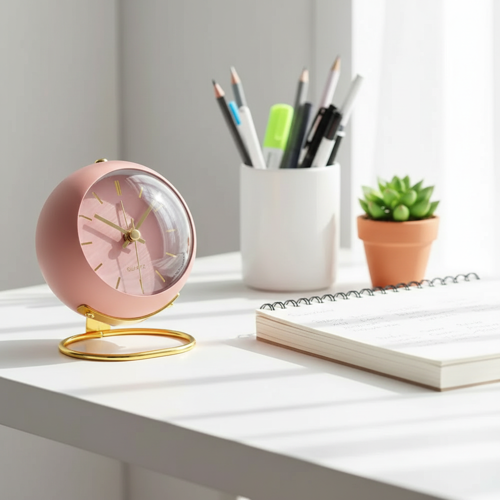 Blush Pink — globe alarm clock on a white study desk with notebook and plant — silent student desk clock with gold stand