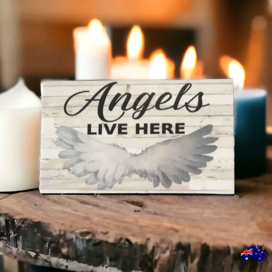 Angels Live Here Rustic White Sign - The Renmy Store Homewares & Gifts