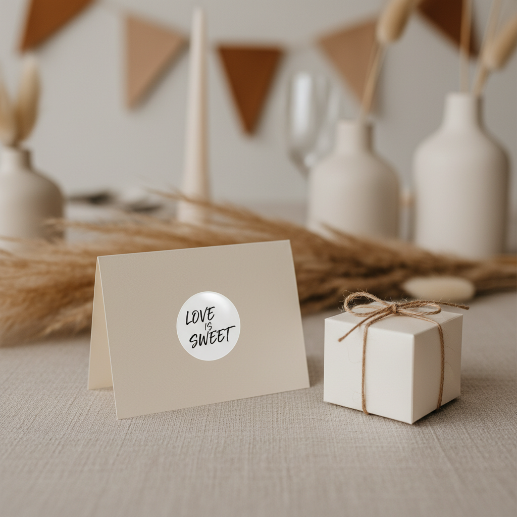 Wedding Place Card — one round Love Is Sweet sticker on a cream place card beside a favour box — wedding thank-you sticker
