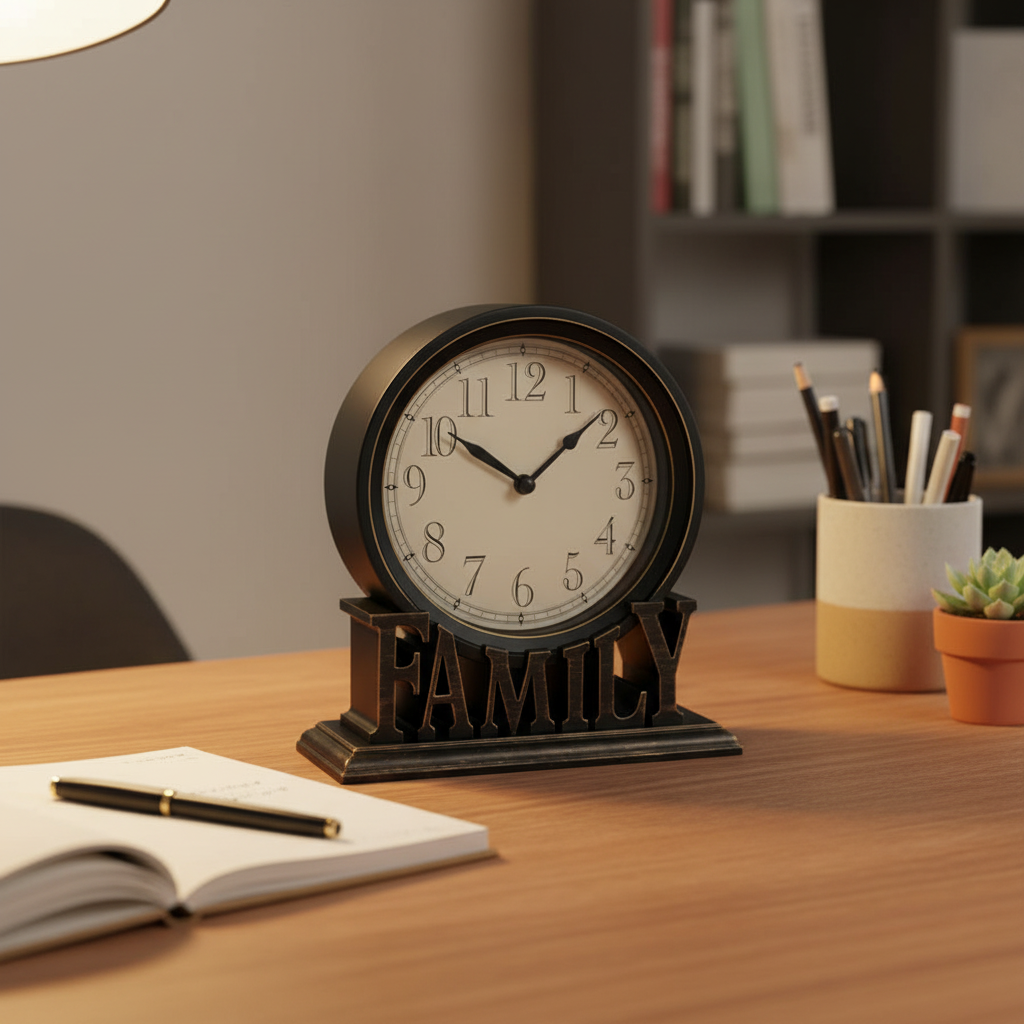 Distressed Black — FAMILY clock on a home office desk with notebook and plant — silent vintage desk clock for study and office