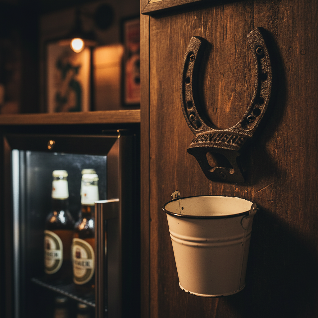 Cast Iron Horseshoe Bottle Opener — fixed to a dark timber home bar wall beside the beer fridge — man cave and pub decor