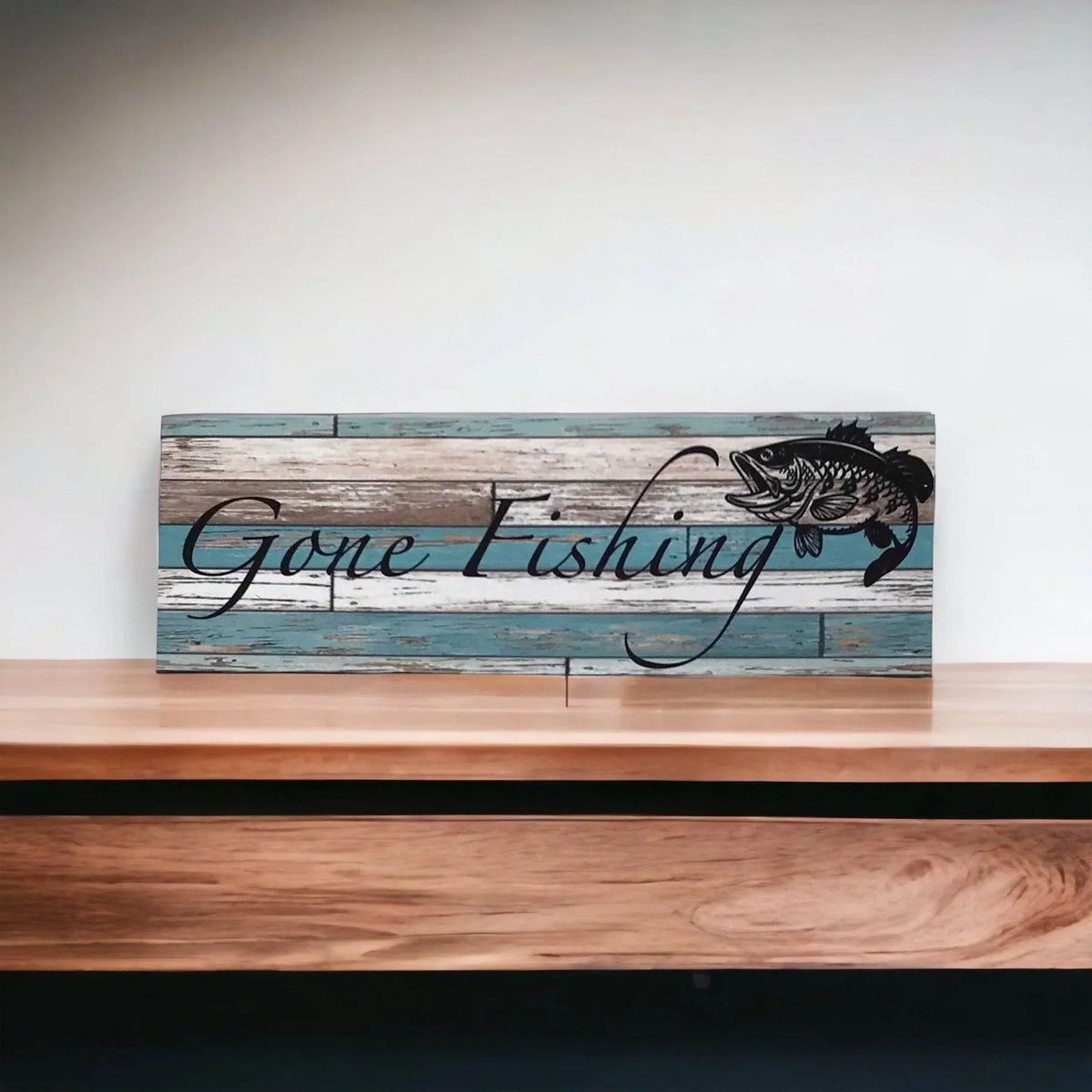 Gone Fishing with Bass Fish Blue Sign - The Renmy Store Homewares & Gifts