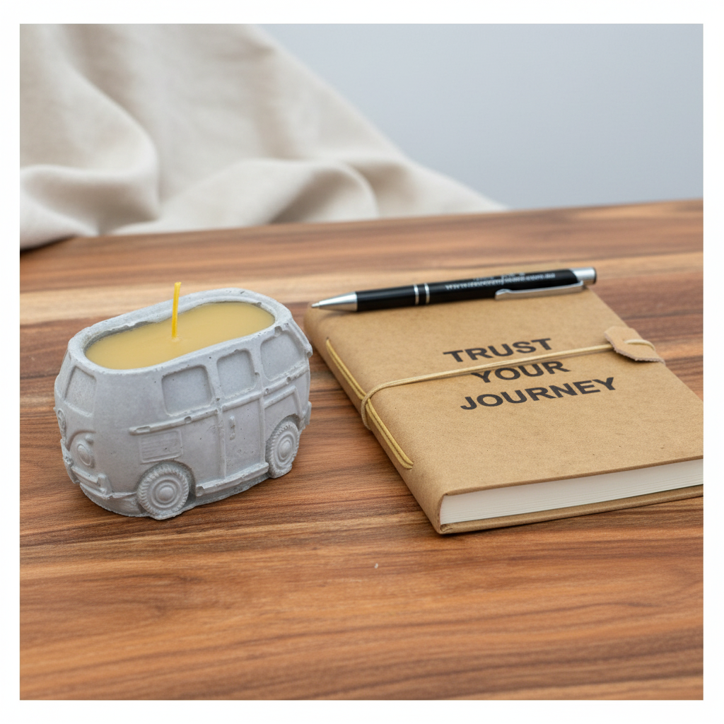 One-off set — Trust Your Journey journal and Renmy Store pen beside the real VW Kombi pure beeswax candle — limited edition journal and candle gift set
