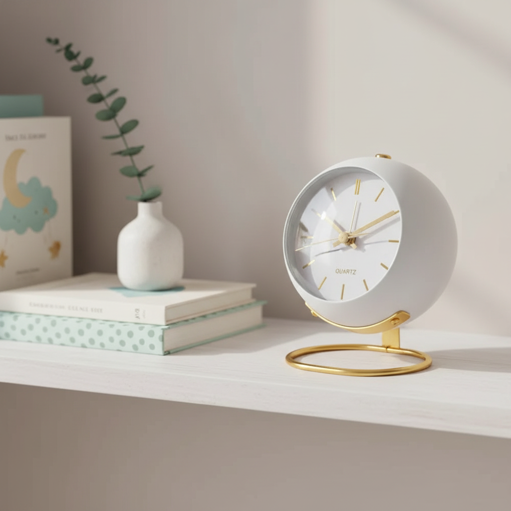 White — globe alarm clock styled on a nursery shelf with books and a ceramic vase — Nordic minimalist kids bedroom clock