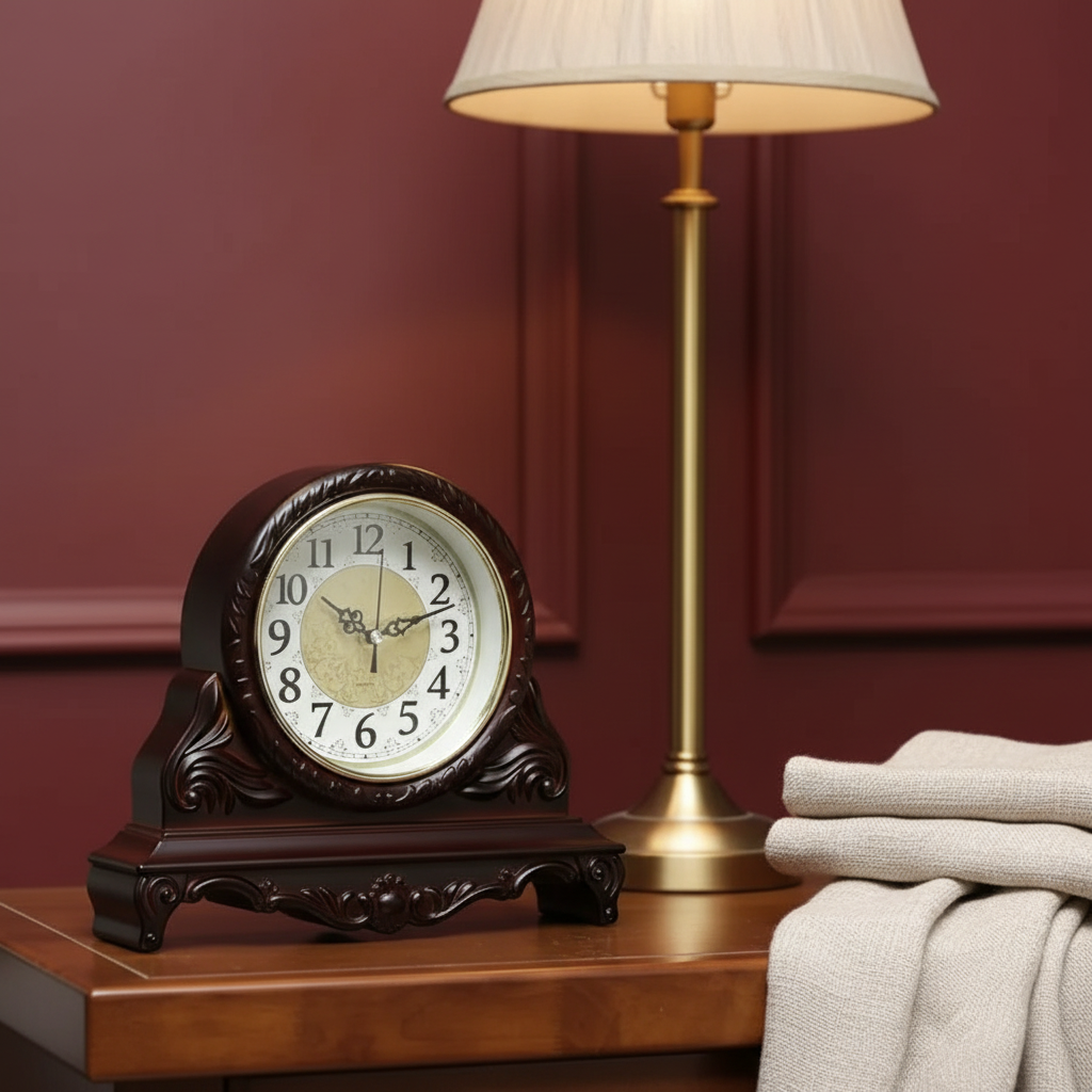 Vintage Walnut — ornate mantel clock on a bedside table beside a brass lamp — silent bedroom desk clock