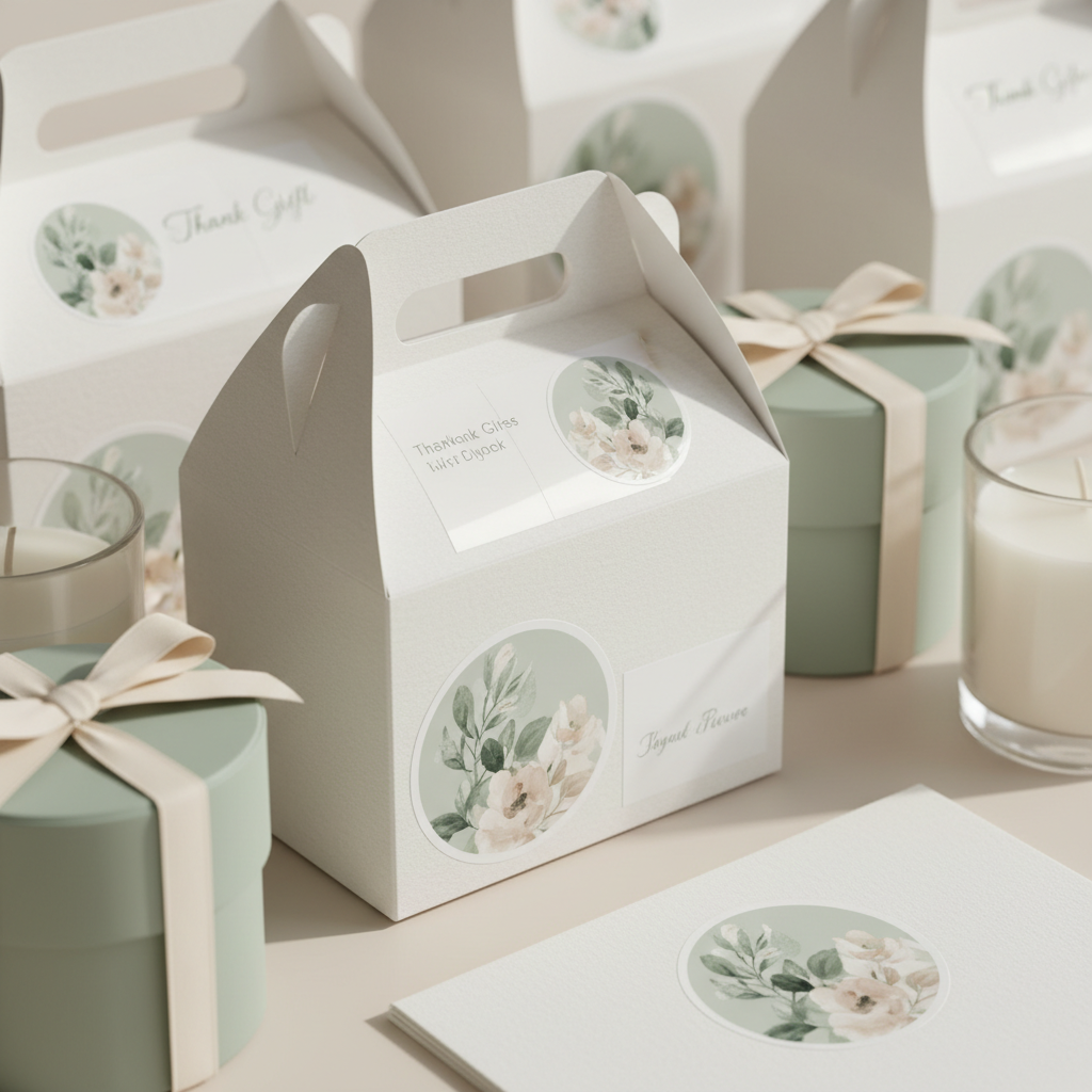 Full Colour — floral round and rectangle stickers on wedding favour boxes and gift packaging — wedding stickers, custom vinyl labels and personalised favour stickers