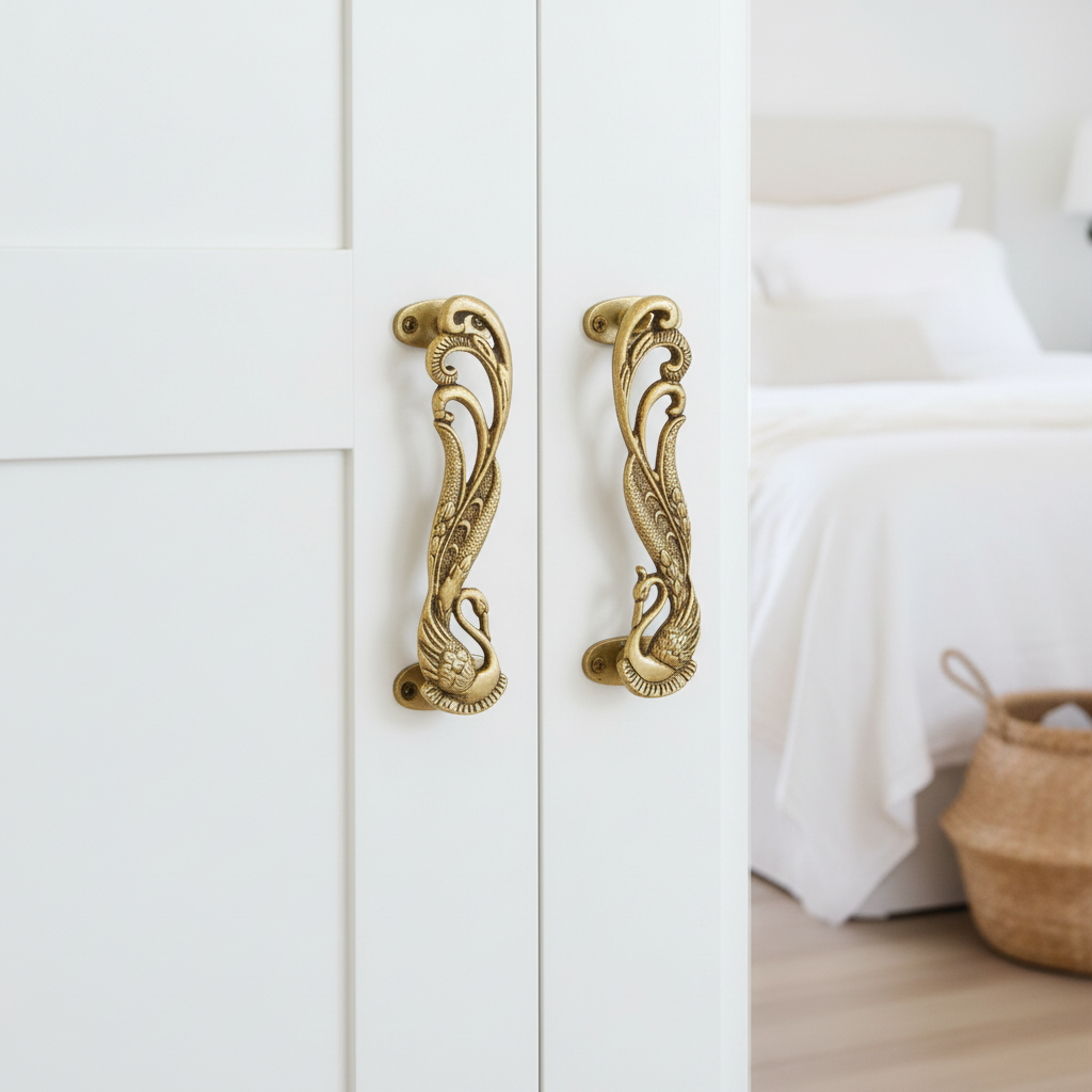 Solid Brass — mirrored pair of peacock handles on white wardrobe double doors in a Hamptons bedroom — brass wardrobe pull handles