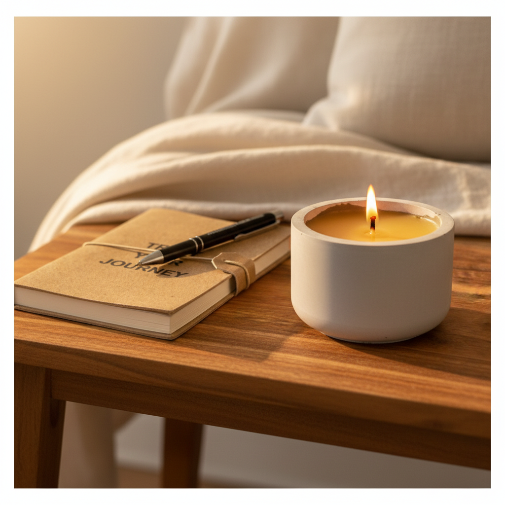 One-off set — lit round pure beeswax candle beside Trust Your Journey journal and Renmy Store pen — Australian handmade candle gift set lifestyle