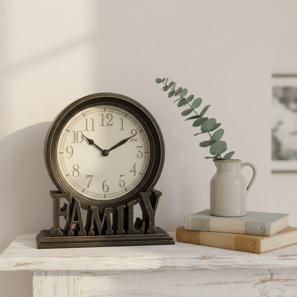 Distressed Black — vintage FAMILY table clock styled on a white farmhouse mantelpiece with greenery and books — country mantel clock