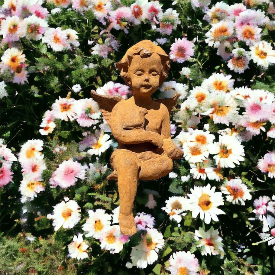 Angel with Bird Sitting Rustic Cast Iron Garden - The Renmy Store Homewares & Gifts 