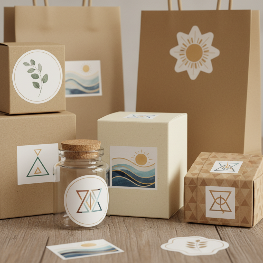 Full Colour — custom logo stickers on jars, gift boxes and boutique product packaging — waterproof product labels, brand stickers and handmade business packaging