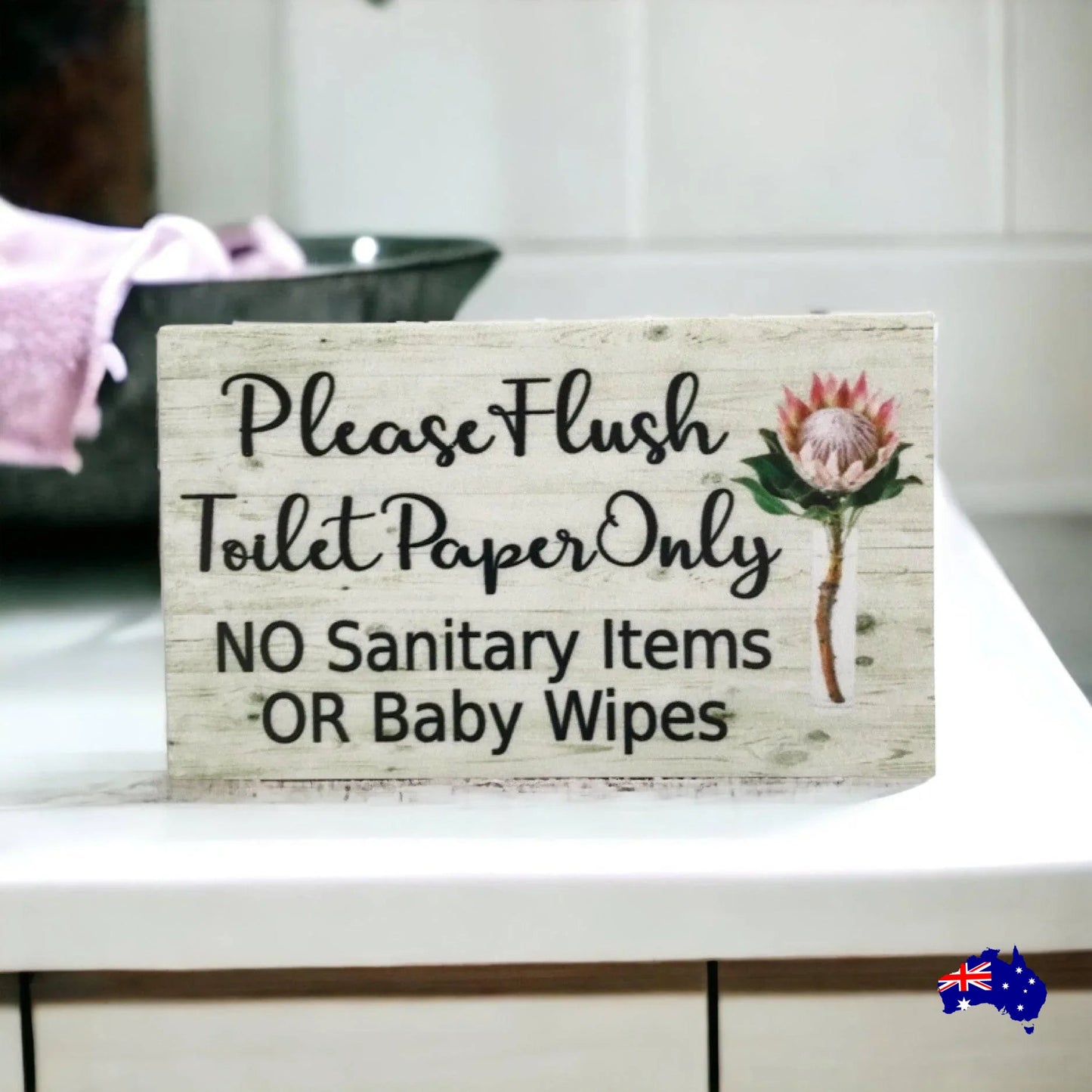 Flush Toilet Paper Only No Sanitary Baby Wipes Protea Sign - The Renmy Store Homewares & Gifts