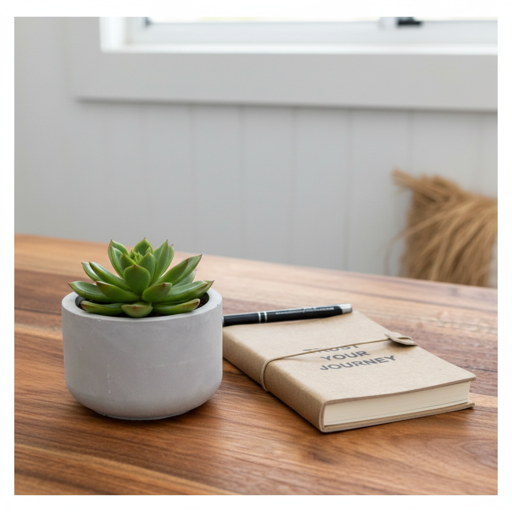 Reuse idea — round concrete candle vessel repurposed as a succulent planter beside Trust Your Journey journal and Renmy Store pen — reusable candle gift set