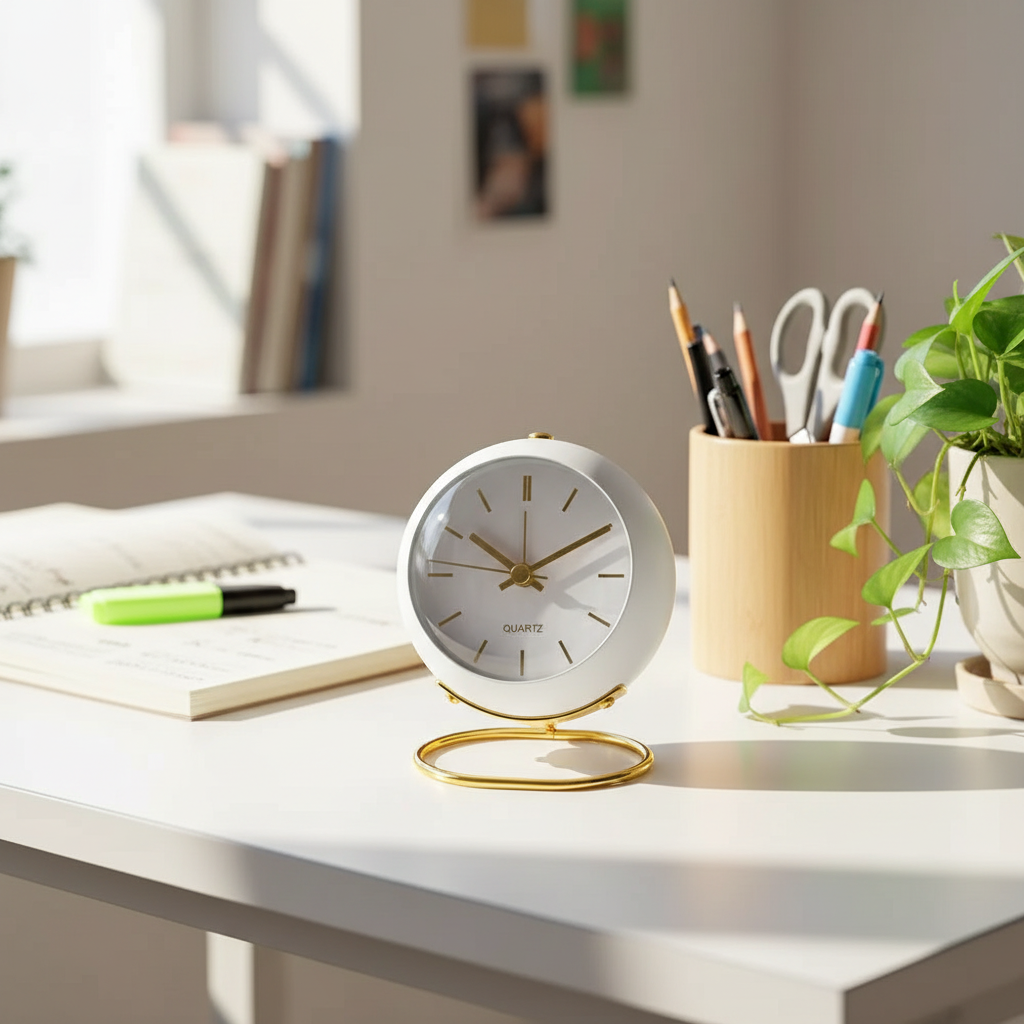 White — globe alarm clock on a white study desk with notebook and plant — silent student desk clock with gold stand