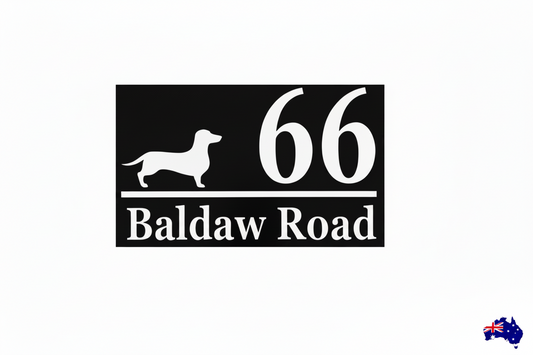 Black background white text — Dachshund house number and street sticker on a rectangular sign — rubbish bin sticker, outdoor address sticker, Aussie made