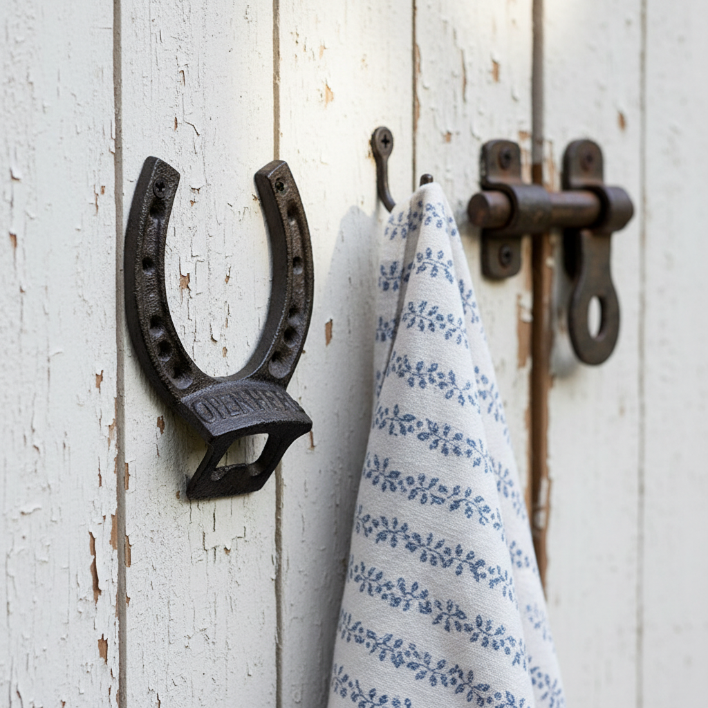 Cast Iron Horseshoe Bottle Opener — mounted on a whitewashed farmhouse shed wall — rustic country barware