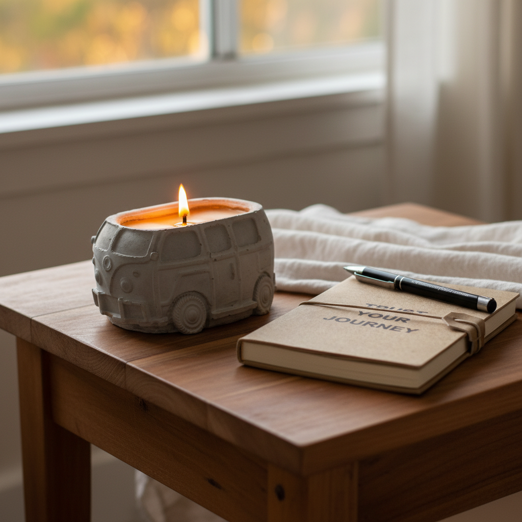 One-off set — lit VW Kombi pure beeswax candle beside Trust Your Journey journal and Renmy Store pen — warm lifestyle gift set photography