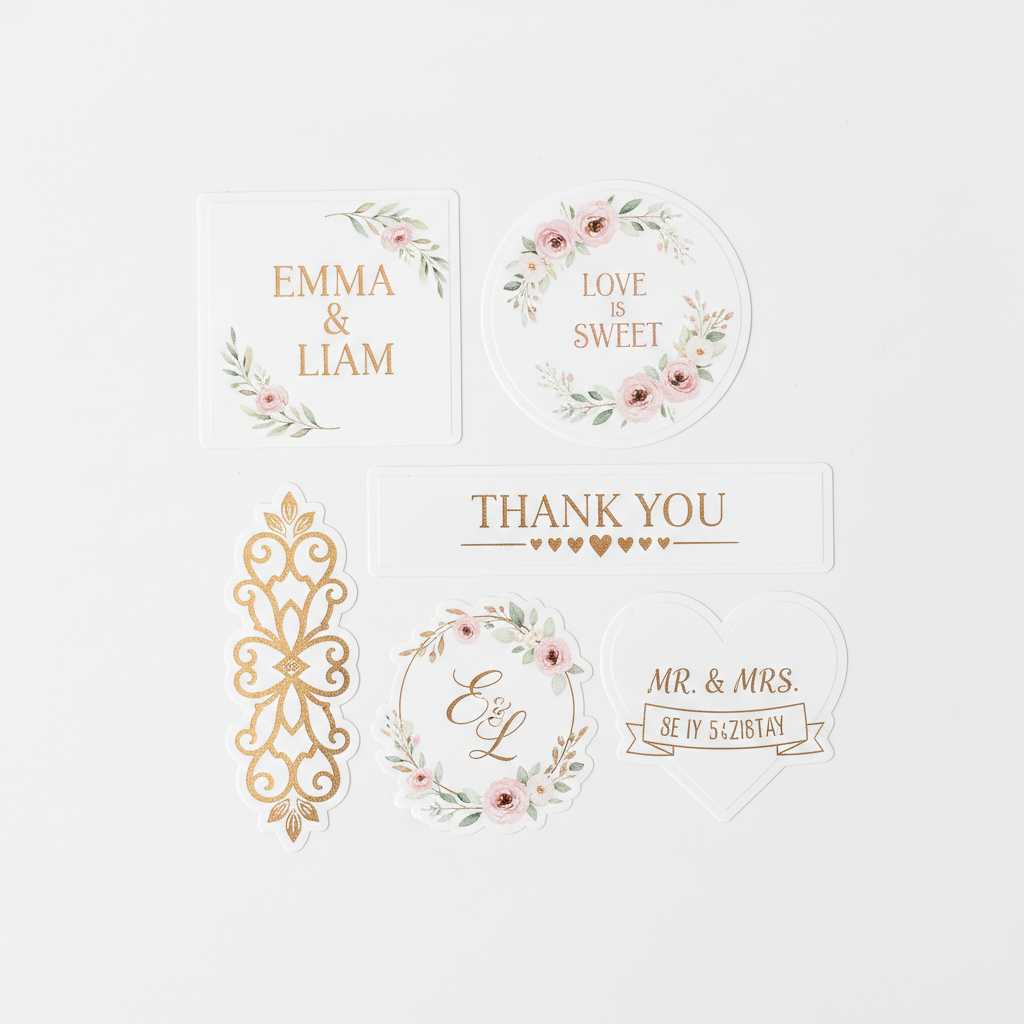 Wedding Collection — square, round, rectangle and die cut personalised stickers on a white background — custom wedding stickers and favour labels