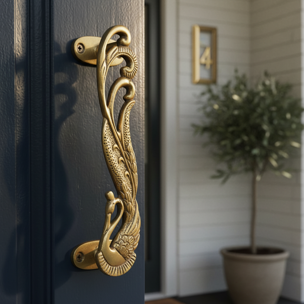 Solid Brass — peacock pull handle mounted on a navy timber front door — statement brass entry door handle