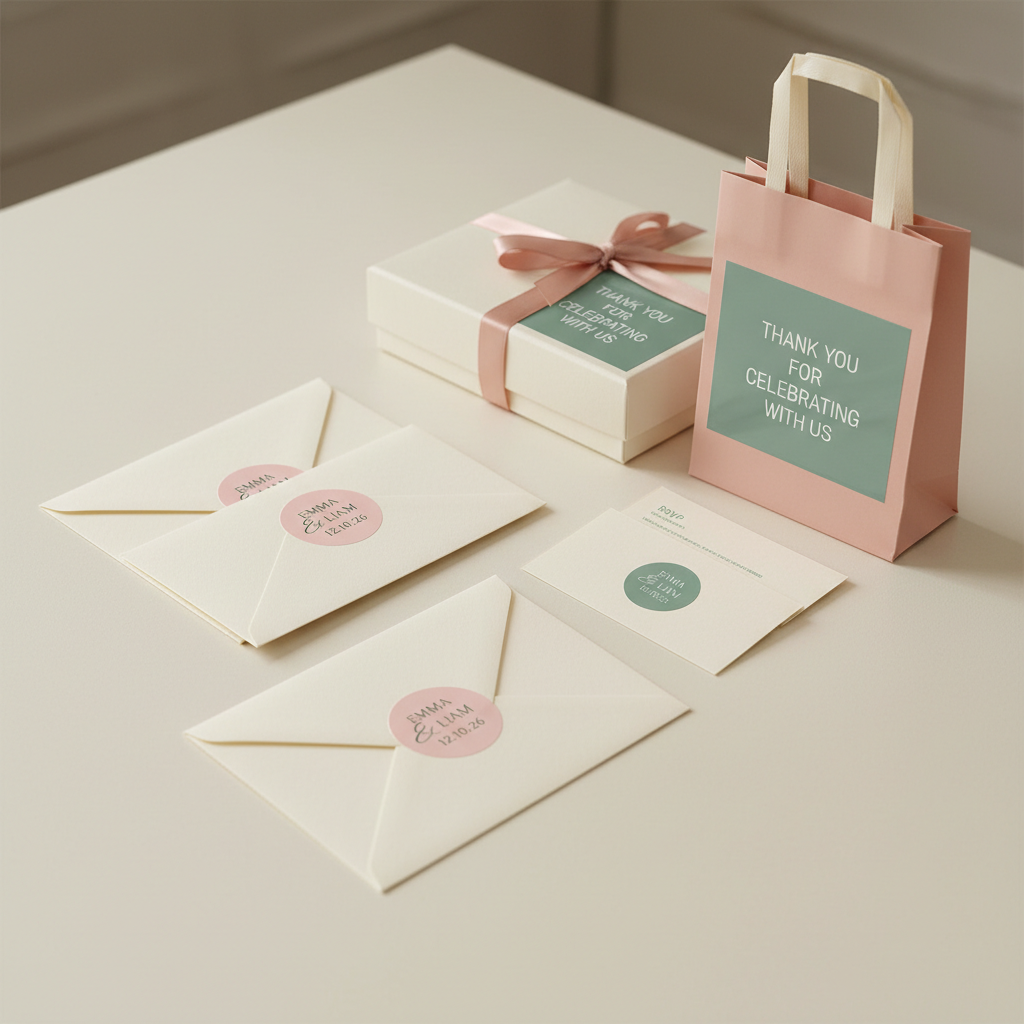 Wedding Collection — personalised stickers on invitation envelopes, gift boxes and welcome bags — wedding stationery seals and thank you stickers