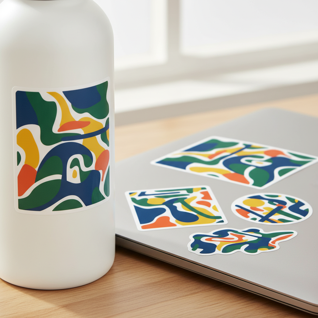 Full Colour — waterproof vinyl stickers on a reusable bottle and laptop showing flat and simple curved surface application — custom die cut stickers, glossy vinyl labels and durable sticker printing