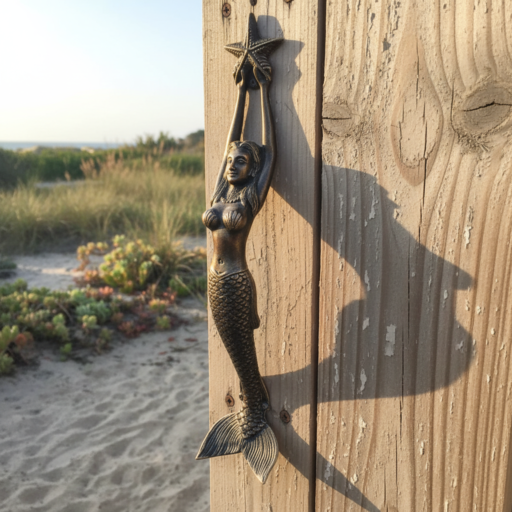 Antique Bronze — mermaid door handle on a weathered timber beach house gate — coastal outdoor door handle