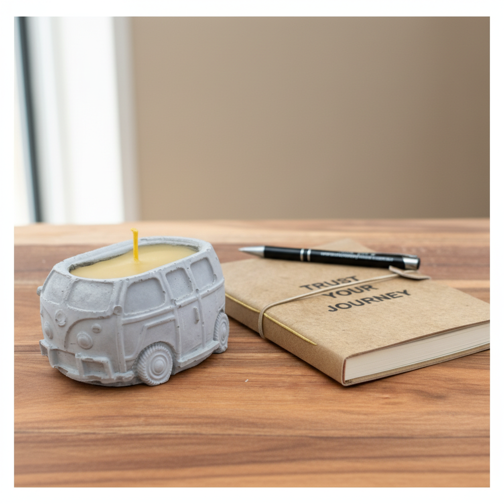 One-off set — unlit VW Kombi pure beeswax candle beside Trust Your Journey journal and Renmy Store pen — clean close-up gift set photography