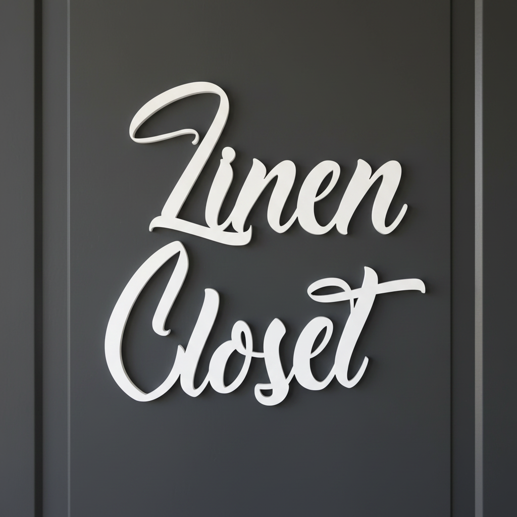 Linen Closet Sign White on Dark Door