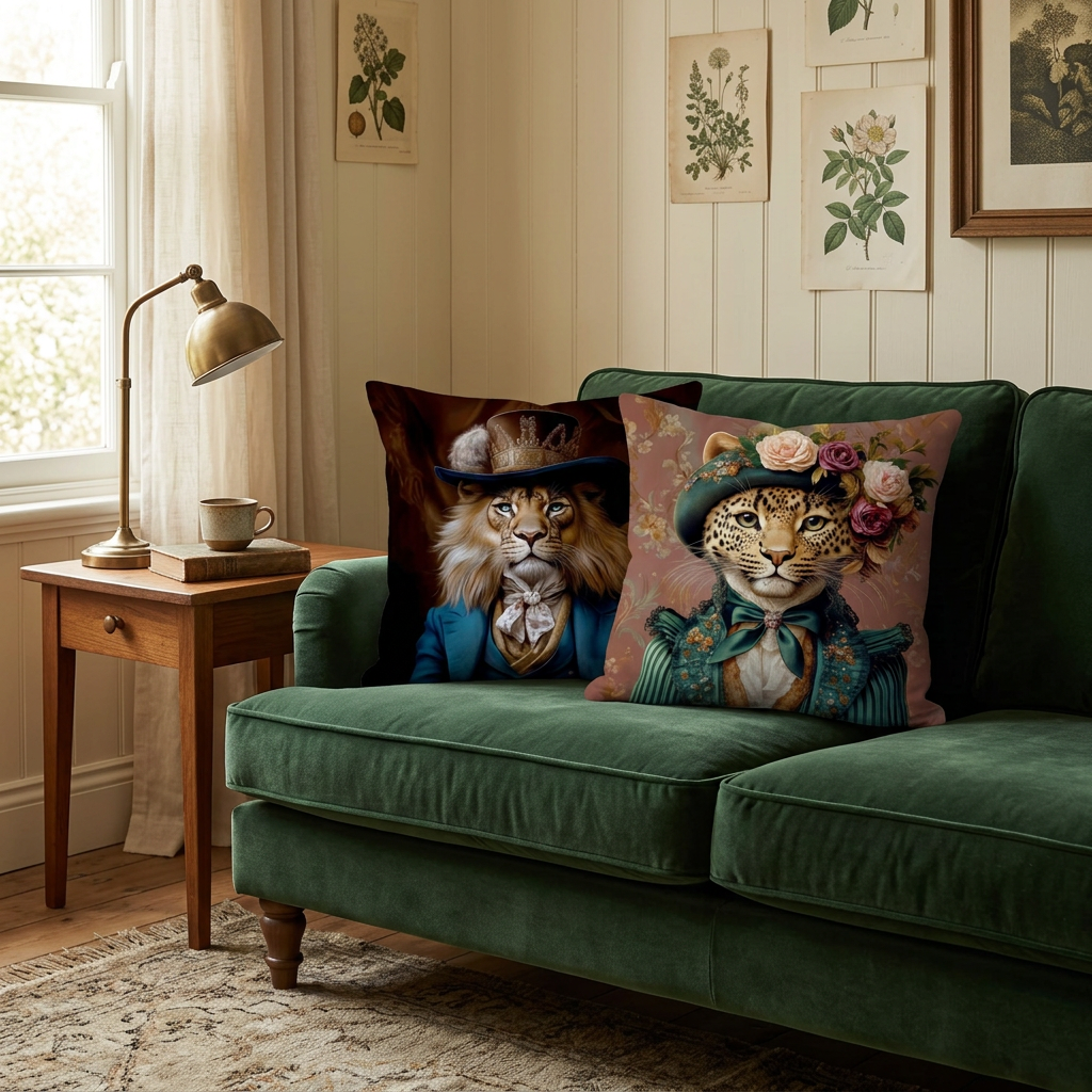 Lion and floral leopard cushions on a green velvet sofa