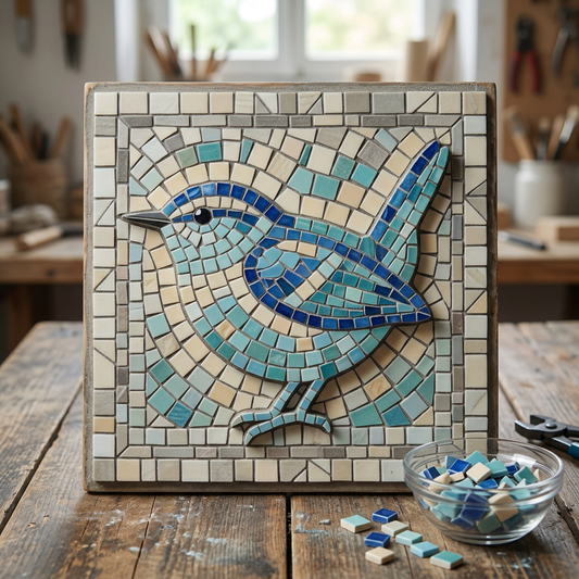Little Wren mosaic artwork on a backing board
