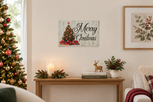 Merry Christmas tree sign at a smaller scale above a console
