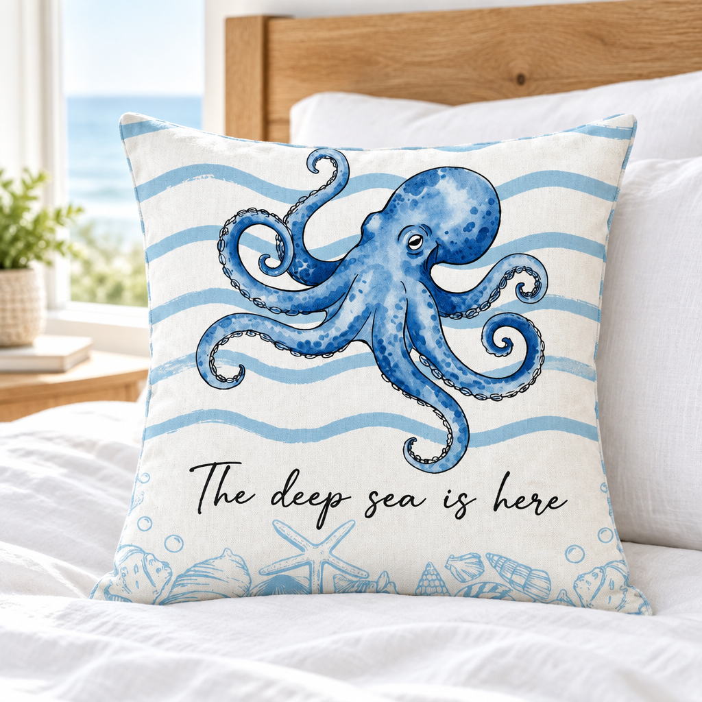 Octopus cushion in a coastal bedroom