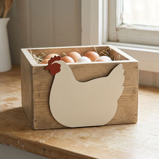 Painted nesting hen decorating an egg-storage box