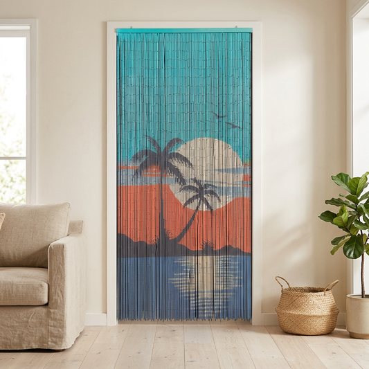 Palm Beach bamboo curtain in a relaxed coastal living room doorway