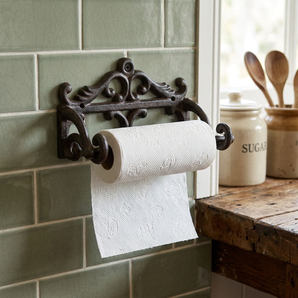 Paper towel holder against a sage farmhouse splashback