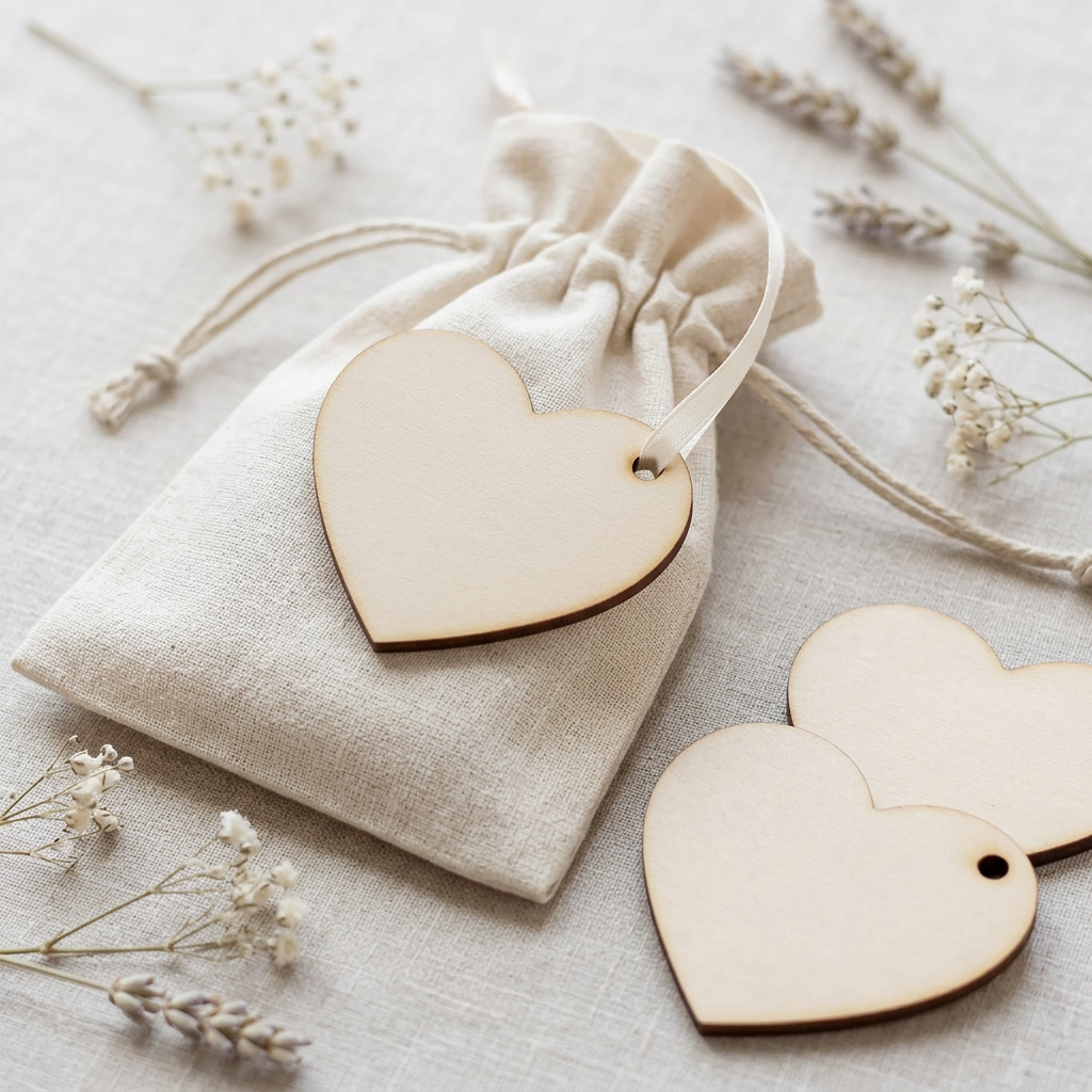 Raw MDF heart tag on a wedding favour bag