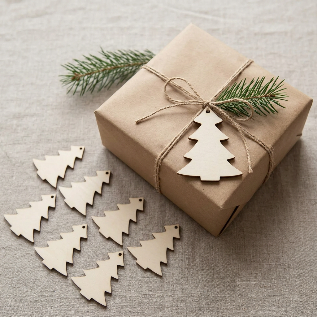 Raw MDF tree tag on a wrapped Christmas gift