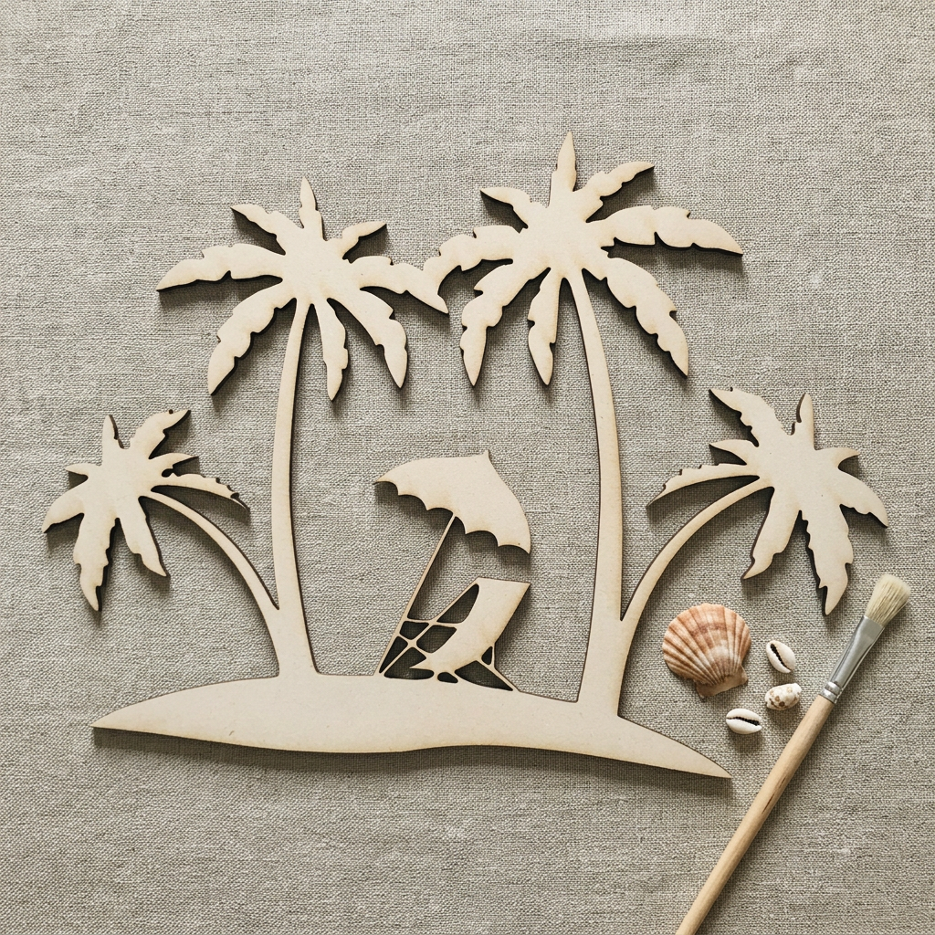 Raw MDF tropical island cutout in a coastal craft setting