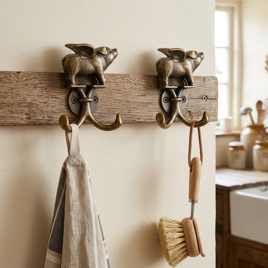 Revised farmhouse kitchen image with the towel and brush hanging from the curved hook arms