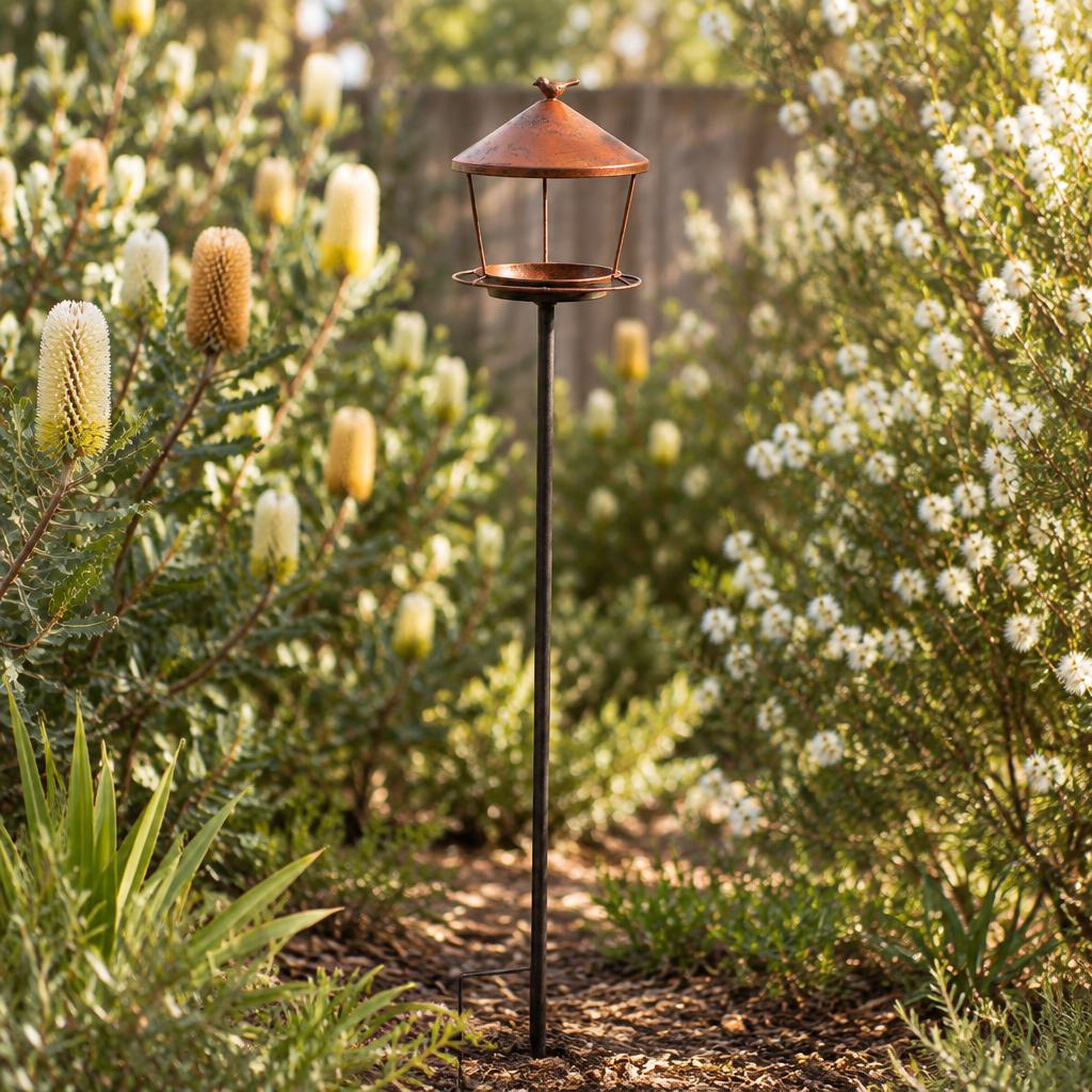 Rustic standing bird feeder in a native cottage garden
